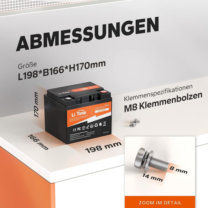 LiTime LiFePO4 12V 50Ah Batterie mit Max. 15000 Zyklen und 10 Jahre Lebensdauer, Eingebautes 50A BMS