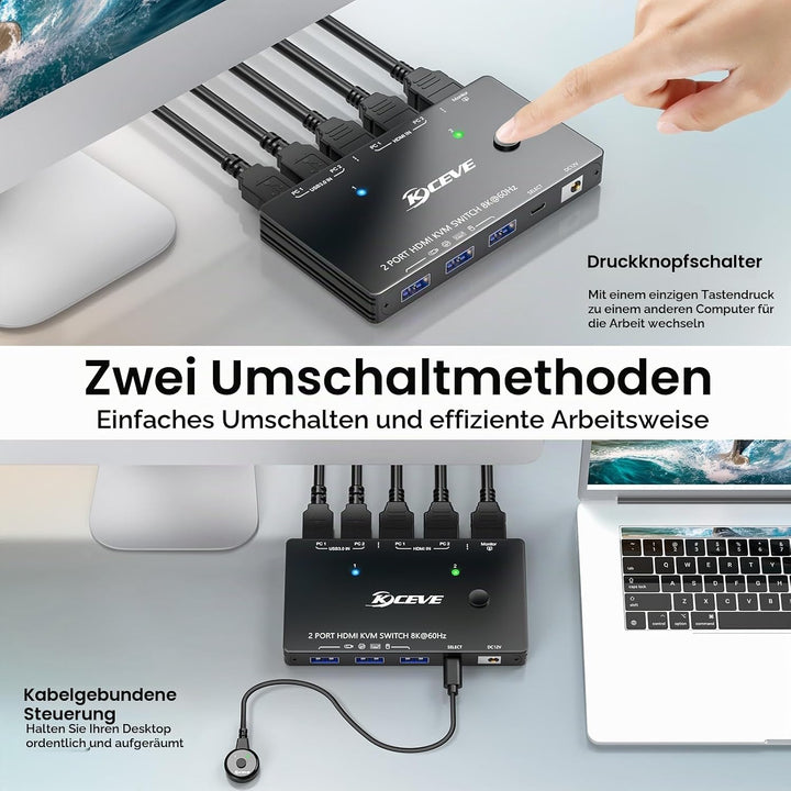 8K HDMI KVM Switch 2 Port 8K@60Hz 4K@120Hz, 2 PC 1 Monitor | USB 3.0 KVM Switch HDMI 2.1 für 2 Compu