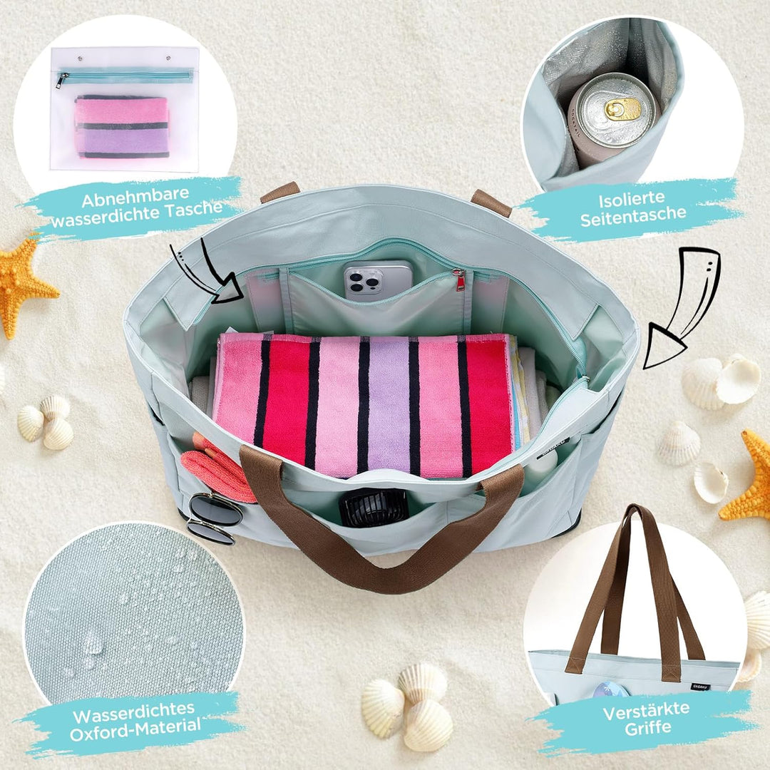GAGAKU Strandtasche XXL mit Kühlfach, Wasserfest Beach Bag mit Reissverschluss – Faltbar Gross Badet