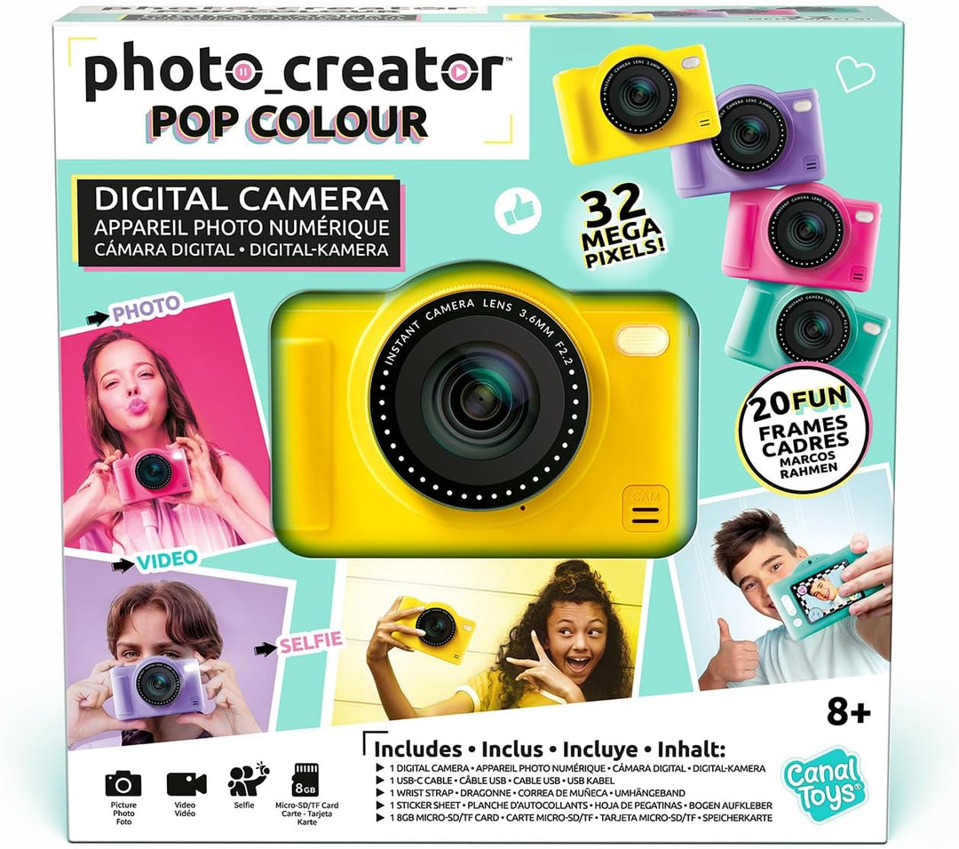 C Toys Digitalkamera für Kinder, Doppelobjektiv – kompakte Mini-Kamera Gelb mit Selfiemodus für 8 Ja