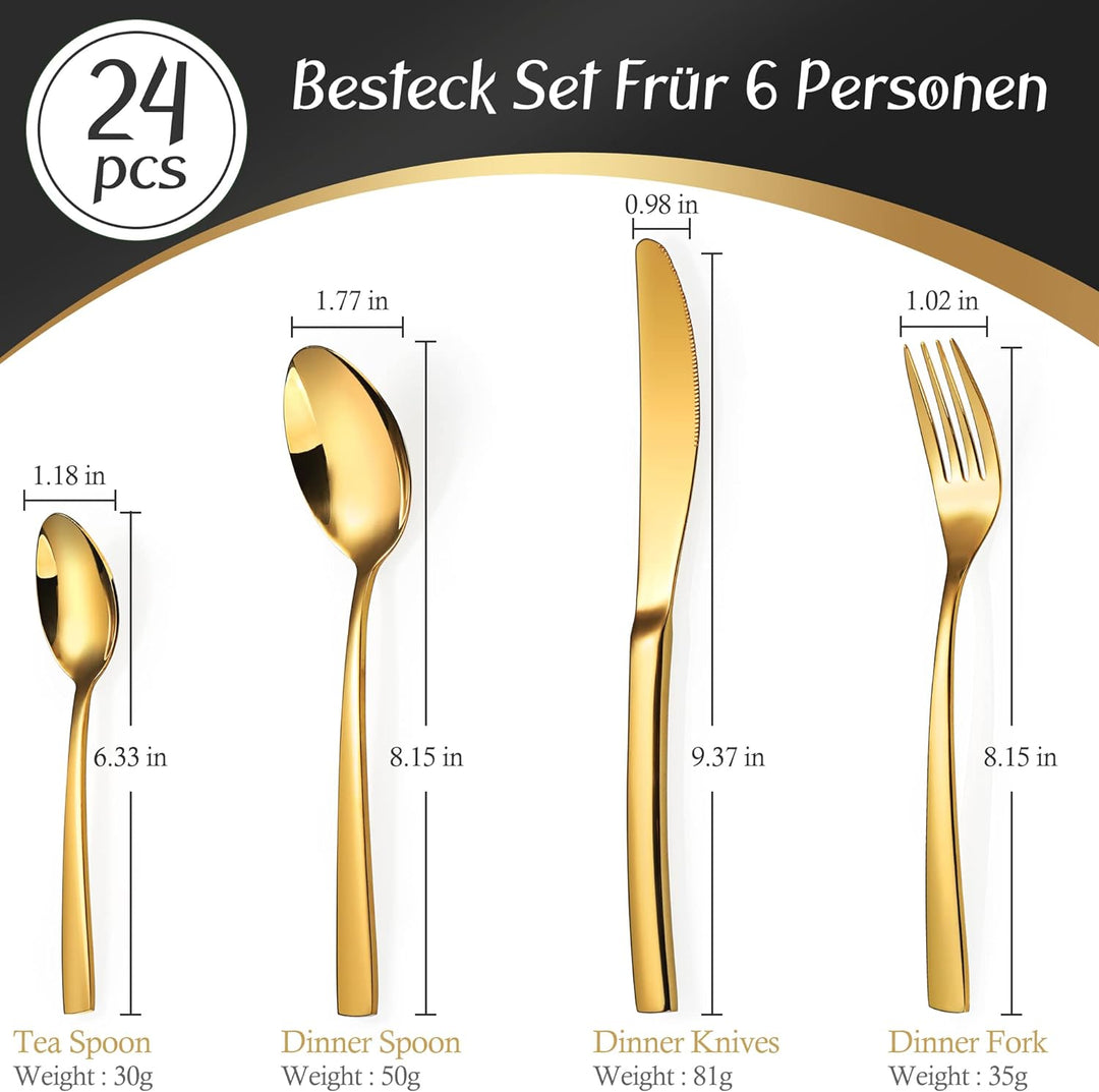 Golden Besteck Set 6 Personen, 24 Stück Edelstahl Besteck Set, Messer Gabel Löffel mit Geschenkbox,