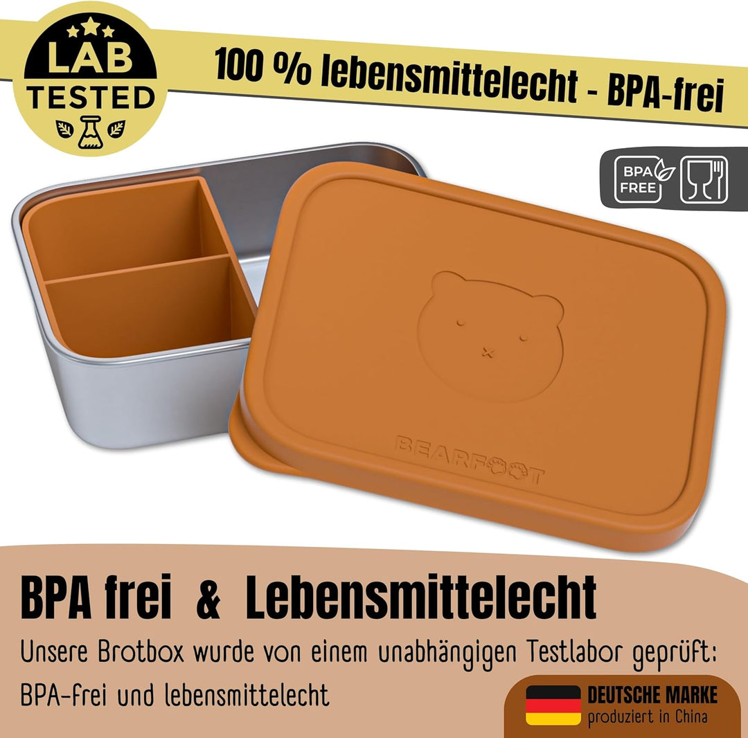 BEARFOOT Edelstahl Brotdose Kinder mit Silikondeckel (Braun, 1.200 ml) | BPA-frei, auslaufsicher, Br
