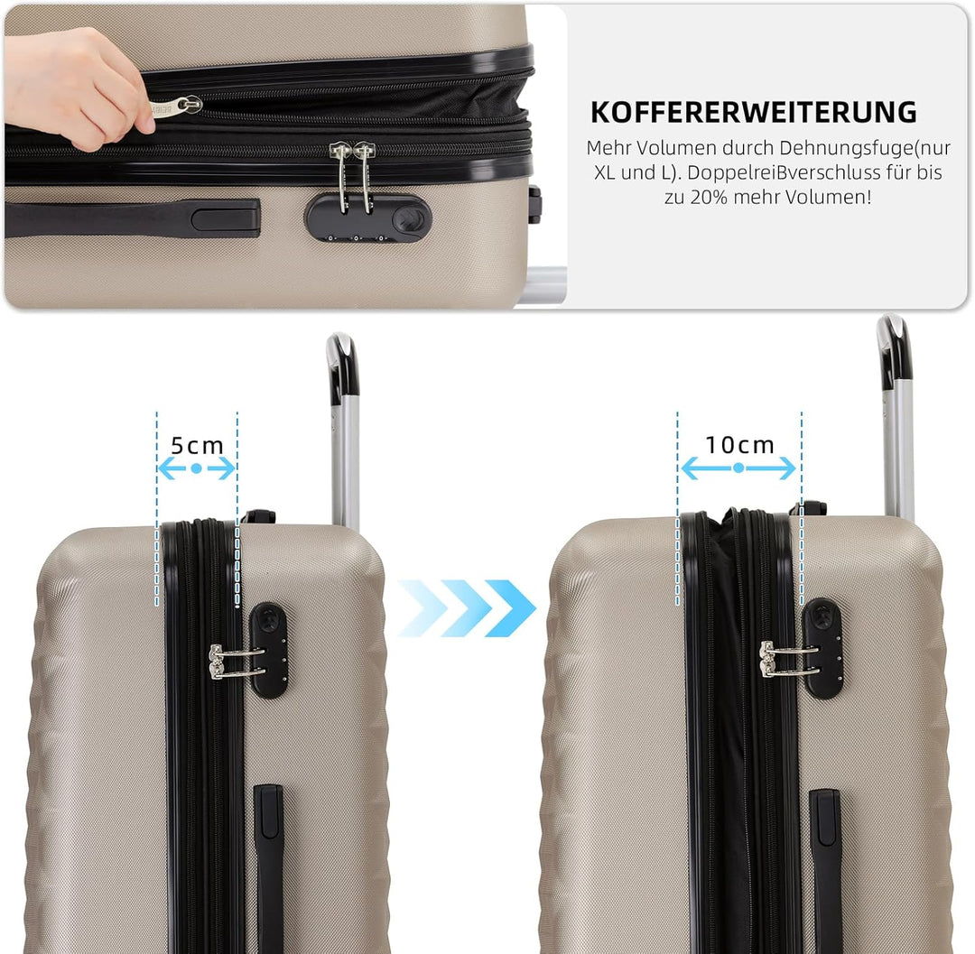 BEIBYE Zwillingsrollen 2066 Hartschale Trolley Koffer Reisekoffer Gepäck M-L-XL-Set (Champagner, L)