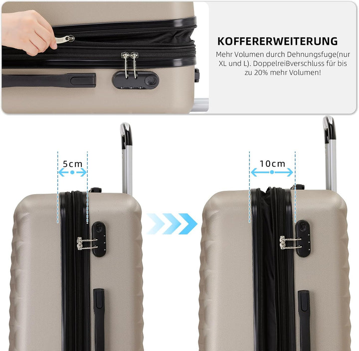 BEIBYE Zwillingsrollen 2066 Hartschale Trolley Koffer Reisekoffer Gepäck M-L-XL-Set (Champagner, Set