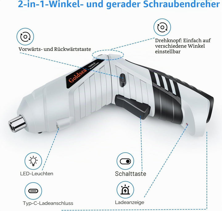Goldsea Elektroschrauber, Akkuschrauber 3,6 Nm, elektrischer Schraubendreher mit 2 Positionen (90 °