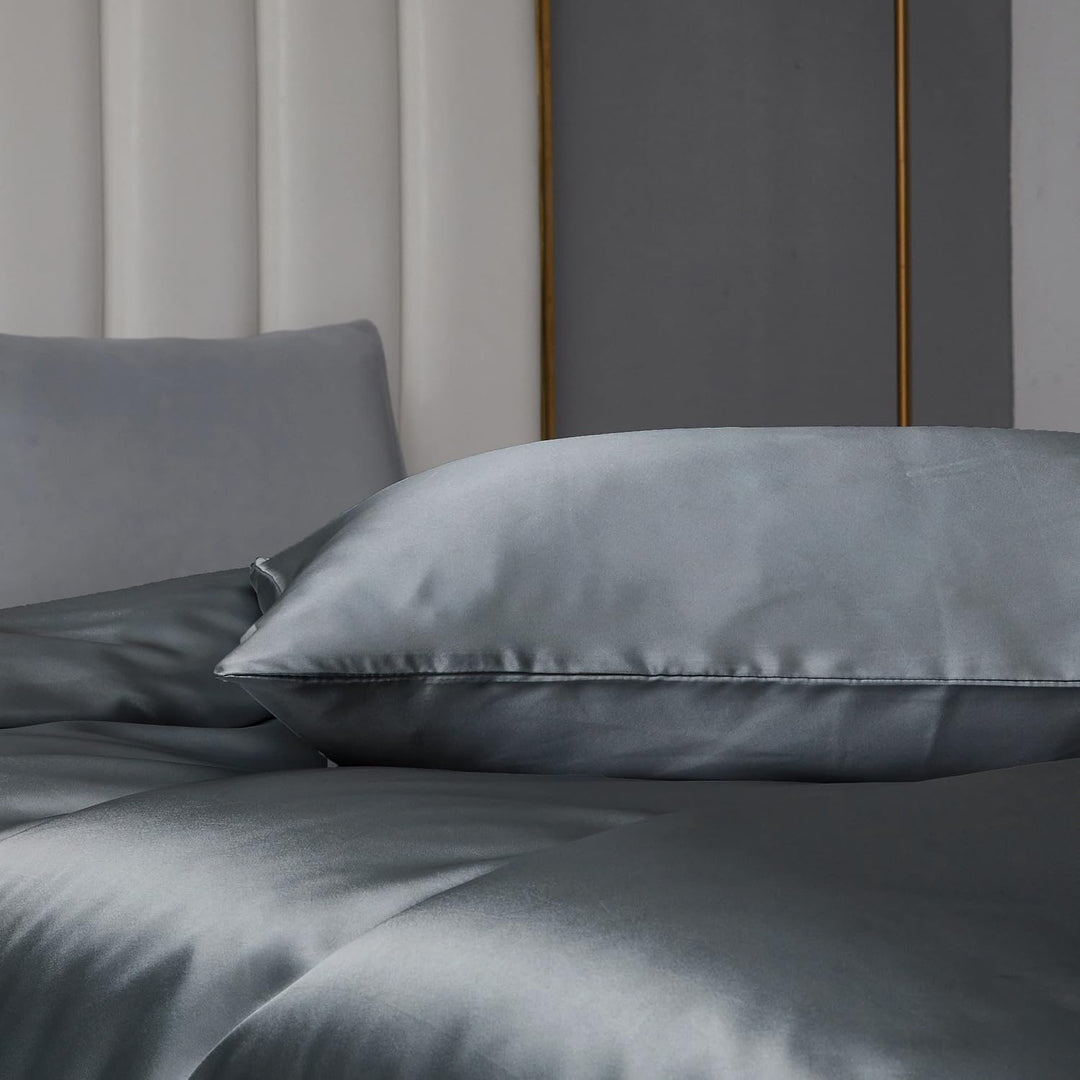 Damier Satin Bettwäsche 200x200cm Dunkelgrau Anthrazit Glänzend Seide Bettwäsche Set 3 Teilig Hochwe