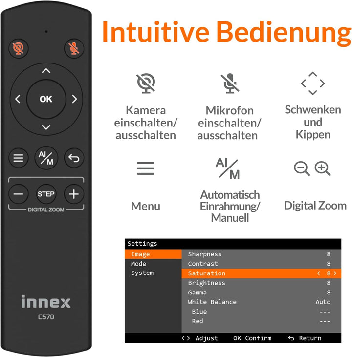 Innex C570 Webcam 4K mit 120 Grad Weitwinkel, AI-Tracking, Auto-Framing, ePTZ, mit Mikrofon, 5X Digi
