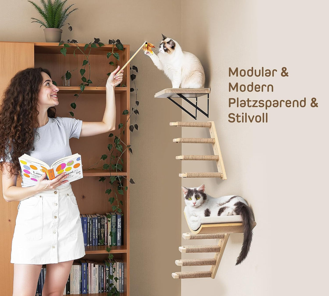 Katzen Kletterwand, Katzentreppe Wand Set mit 2 Stufen Quadratischer & Gebogenen Plattformen, Wandmo