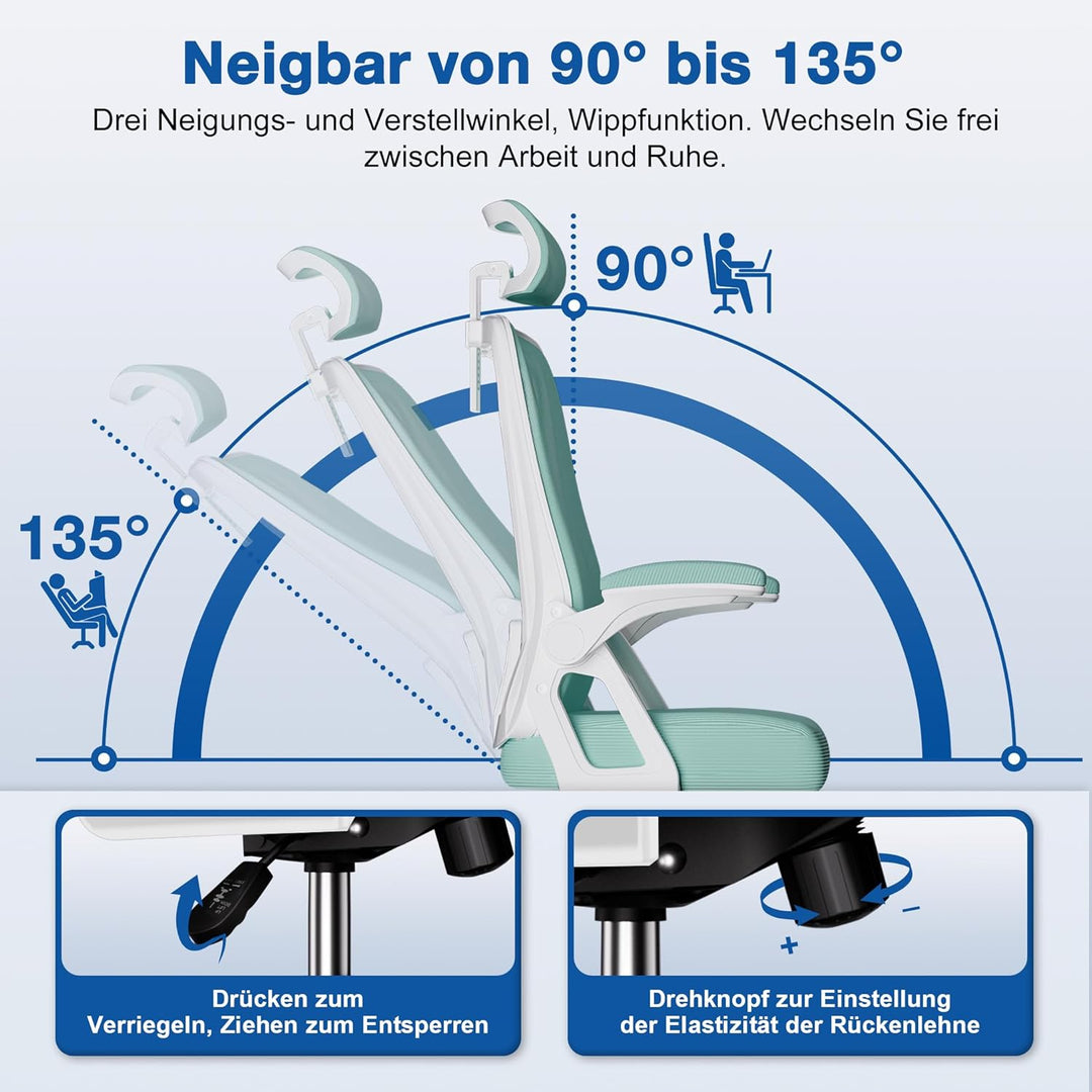 Bürostuhl, Bürostuhl Ergonomisch mit Verstellbarer Kopfstütze, Armlehnen, Lendenwirbelstütze, Schrei