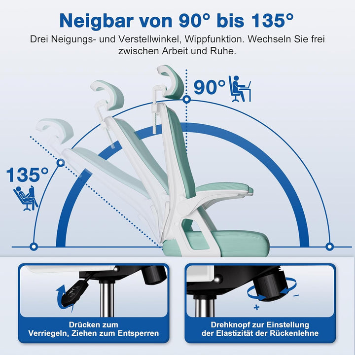 Bürostuhl, Bürostuhl Ergonomisch mit Verstellbarer Kopfstütze, Armlehnen, Lendenwirbelstütze, Schrei
