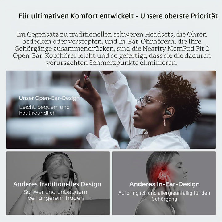 NEARITY MemPod Fit 2 Open-Ear Bluetooth-Kopfhörer, kabellose Ohrhörer mit tiefem Bass, bis zu 45 Std