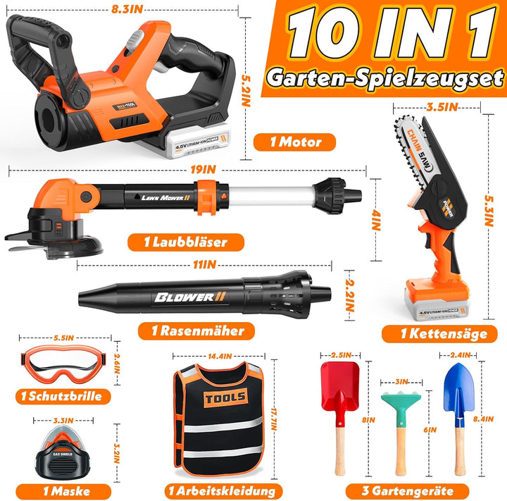 10 in 1 Gartenwerkzeug Kinder, Garten Outdoor Spielzeug ab 3 Jahre, Kinder Rasenmäher, Laubbläser &