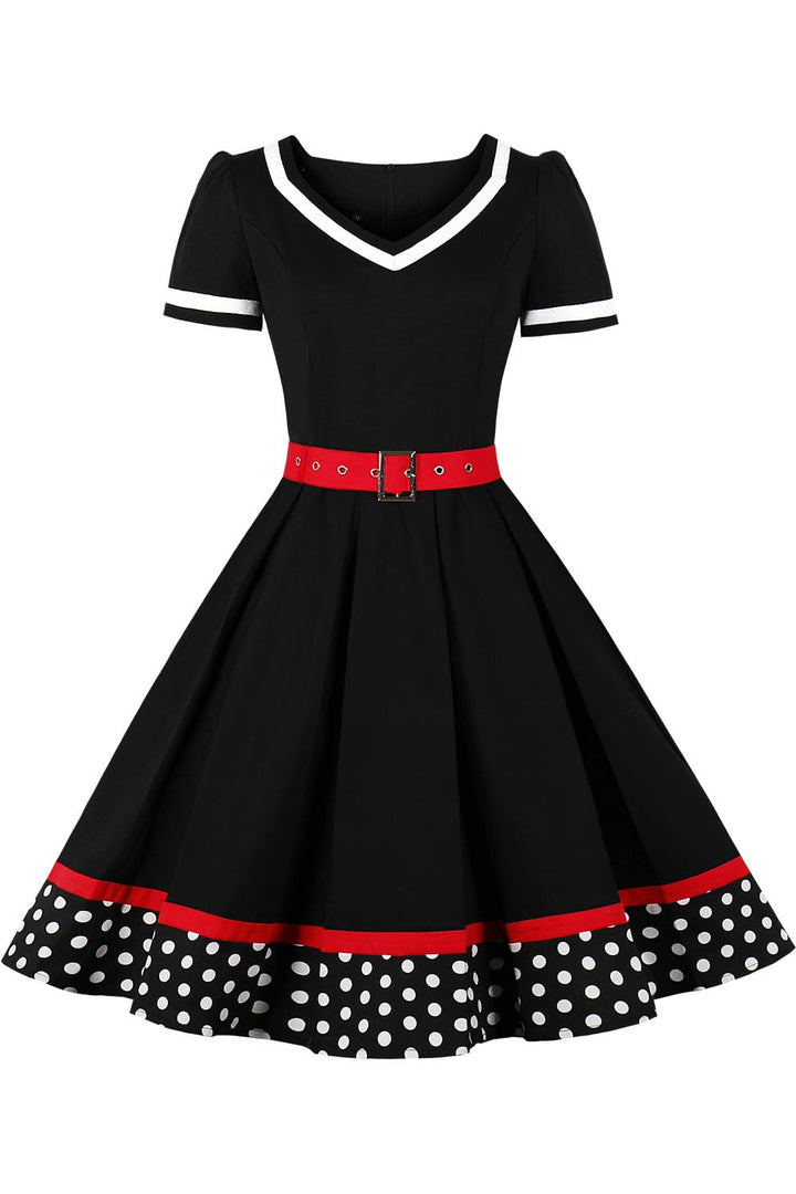 AXOE Damen Gepunktet Rockabilly Vintage Kleid mit Gürtel Partykleid XS Schwarz-2, XS Schwarz-2