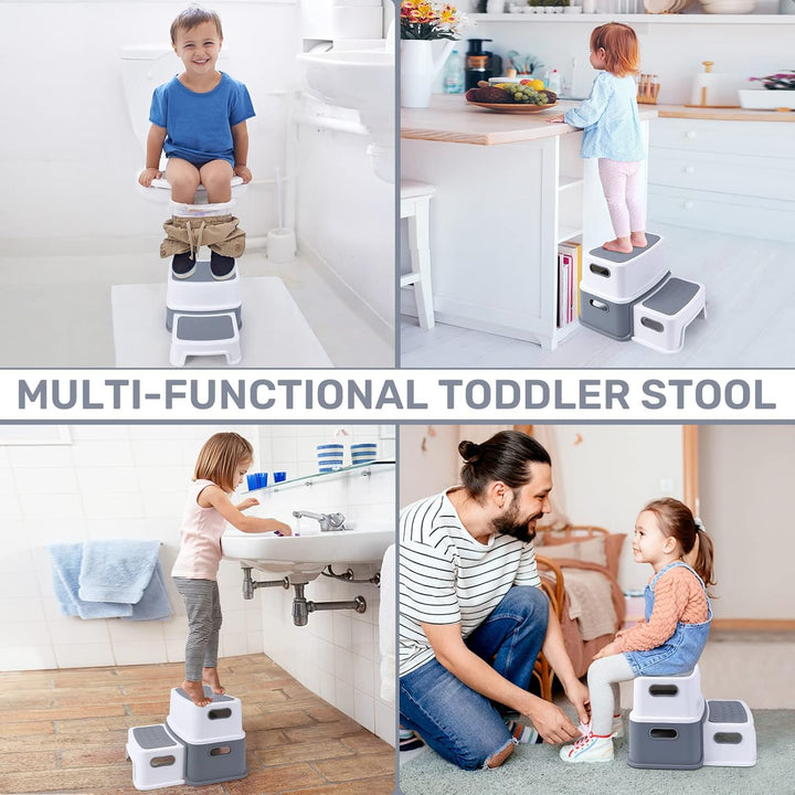 Grauer 2-stufiger Kinderhocker aus PP-Material – rutschfest & Stabil, Ideal für Badezimmer, Küchen,