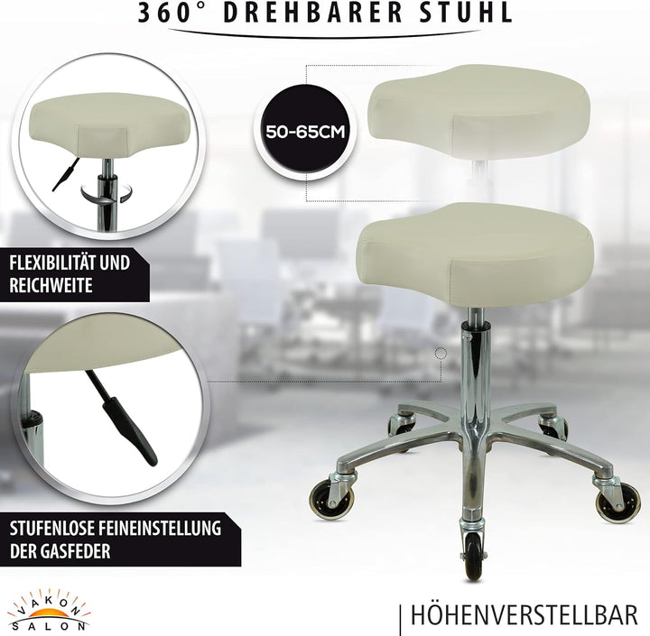VAKON SALON - Ergonomischer Sitzhocker weiss höhenverstellbar von 50 bis 65 cm Rollhocker - Drehhock