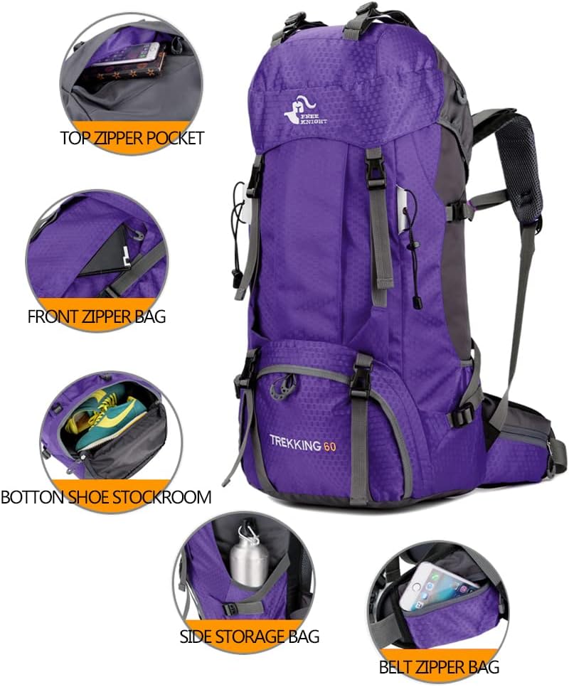 Bseash 60L Wasserdichter leichter Wanderrucksack mit Regenschutz, Outdoor Sport Tagesrucksack Multif