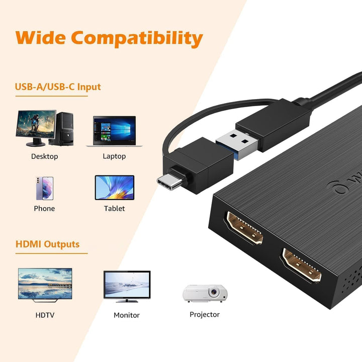 WAVLINK USB 3.0 oder USB C auf HDMI Adapter für Zwei Monitore, Universeller Video-Grafikadapter für