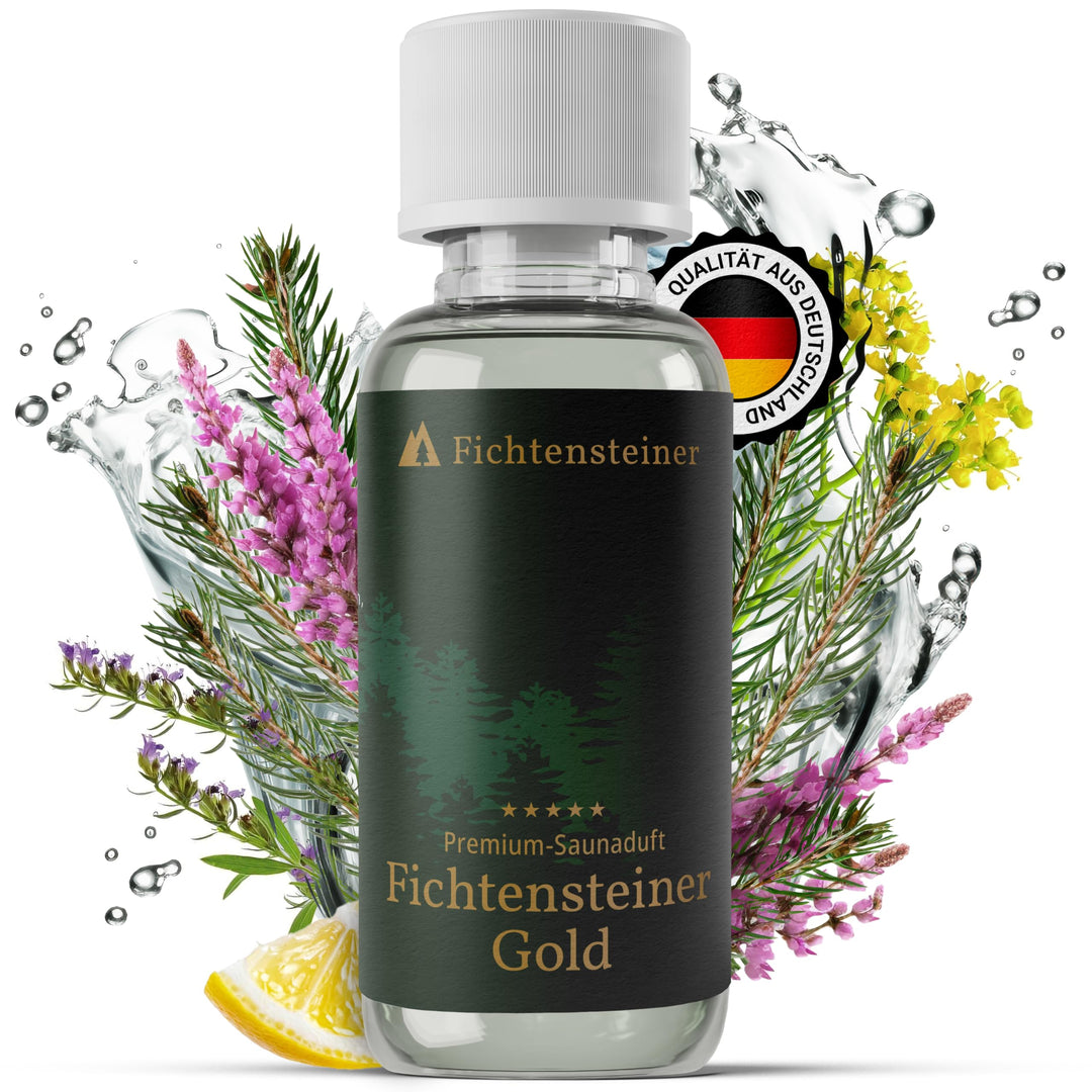 Saunaaufguss Gold, edle Nadelholzdüfte, wohltuende Kräuter und ein Hauch Zitrusduft, 100ml, Luxus Sa