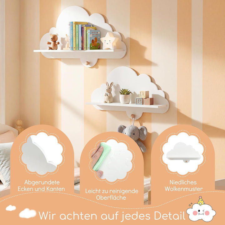 COSTWAY 2er Set Wandregal Kinder, Schweberegal im Wolkenform aus Massivholz, wandmontiertes Kinderre