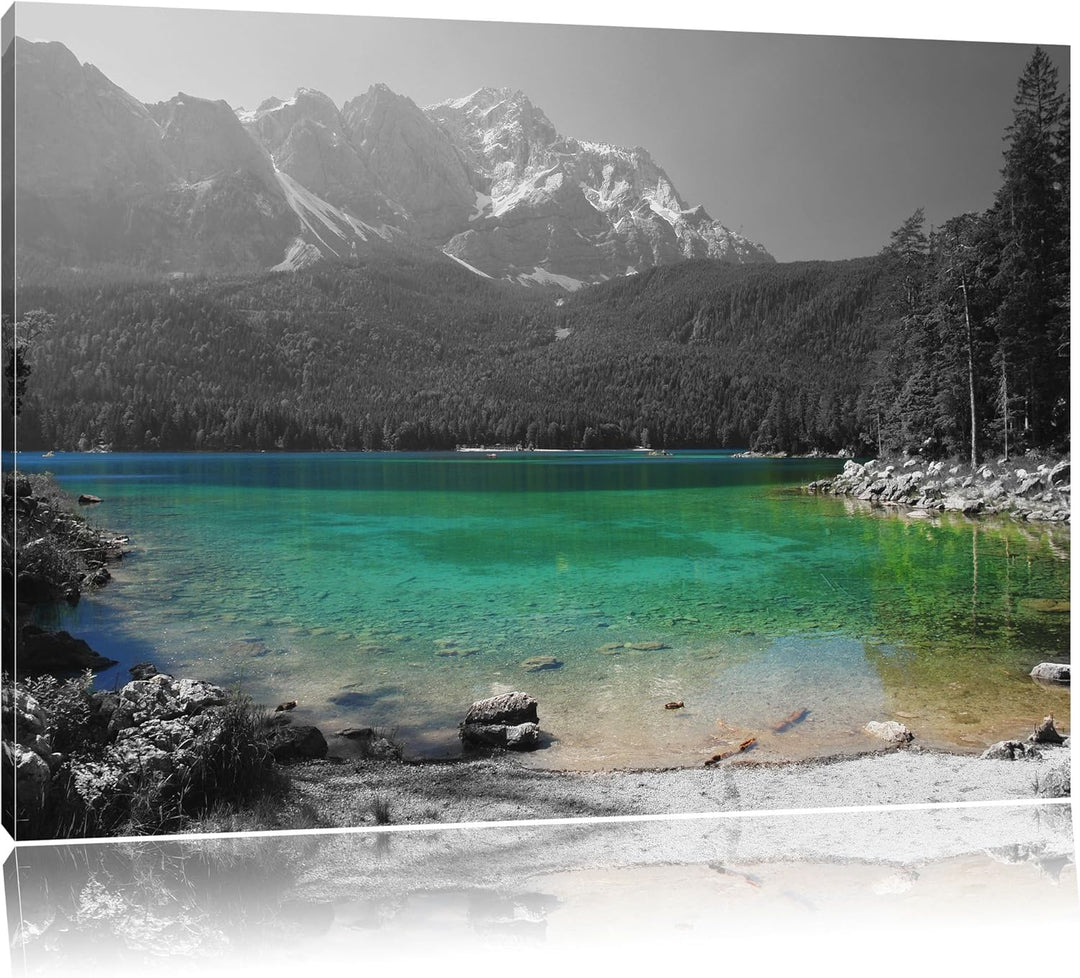 Eibsee vor der Zugspitze schwarz/weiss Format: 100x70 auf Leinwand, XXL riesige Bilder fertig gerahm