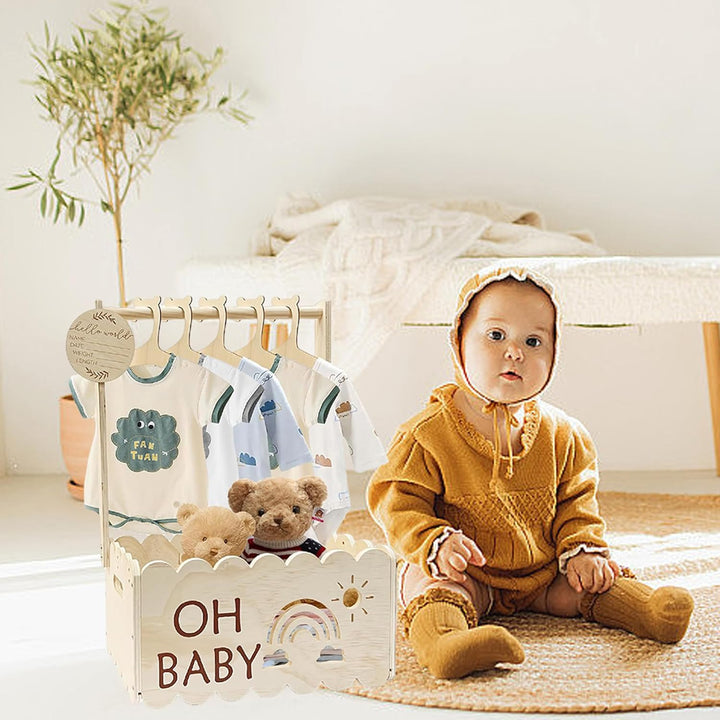 QSLKI Wooden Baby Gift Basket with Handle, Dekorative Baby Duschkorbe, Hohlmuster, Bequeme Aufnahme