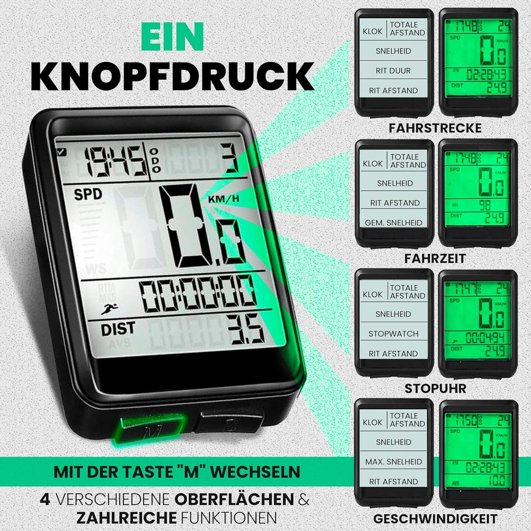 Strex Fahrradcomputer Kabellos - Wasserdicht - 17 Funktionen - Extra Grosser Bildschirm