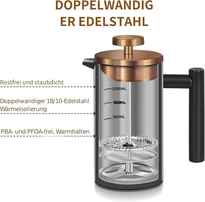 French Press 1,5L aus Edelstahl - Doppelwandig & isoliert für Camping, Party, Geschenk - Spülmasch