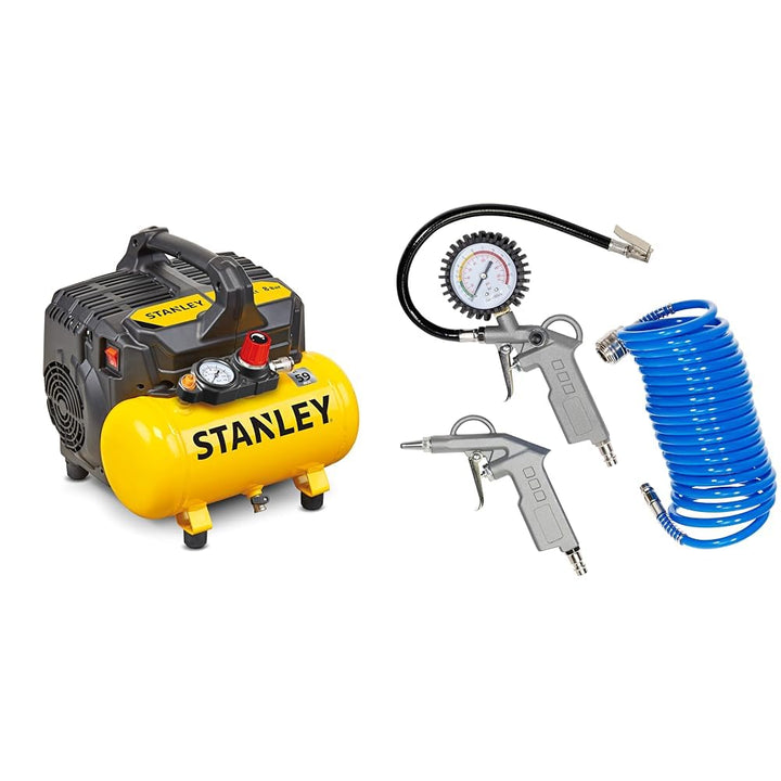 Stanley 100/8/6 Silent Air Compressor DST 100/8/6SI, 750 W, 230 V, Giallo & Güde Druckluft-Set 3tlg.