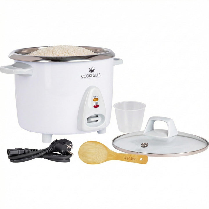 KeMar Kitchenware Cookinella KRC-200 Reiskocher Edelstahltopf | Kompakt (1,4L, 500W, Weiss) | Glasde
