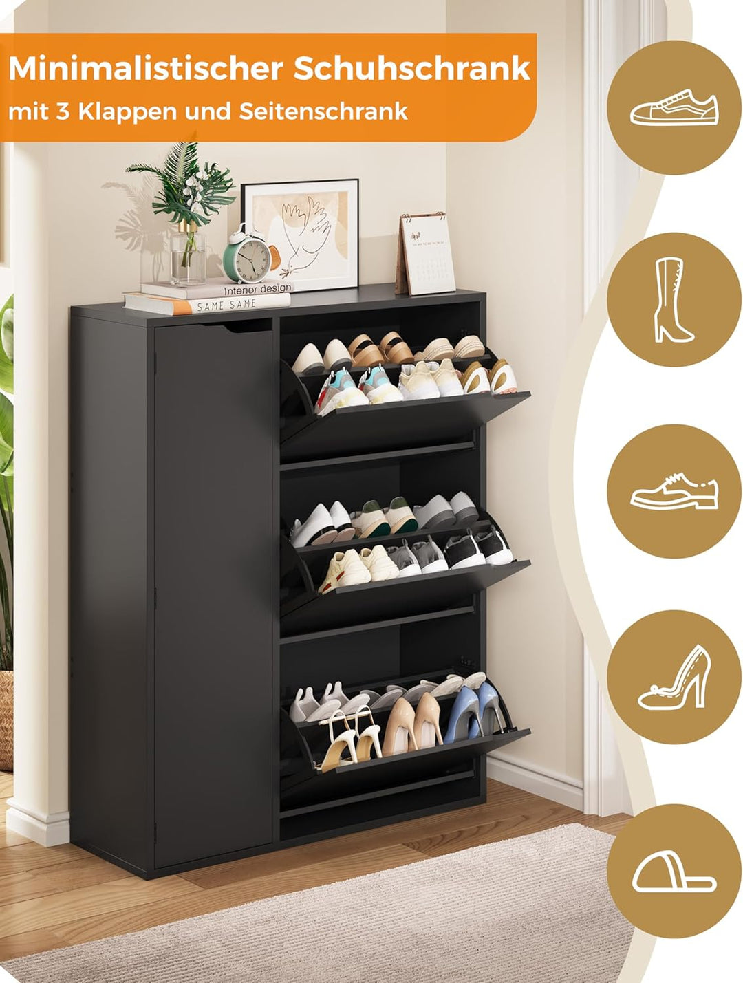 IRONCK Schuhschrank mit 3 Klappen, Schuhkipper Schmal mit Tür, Schuhregal Flur freistehend, Schuhkom