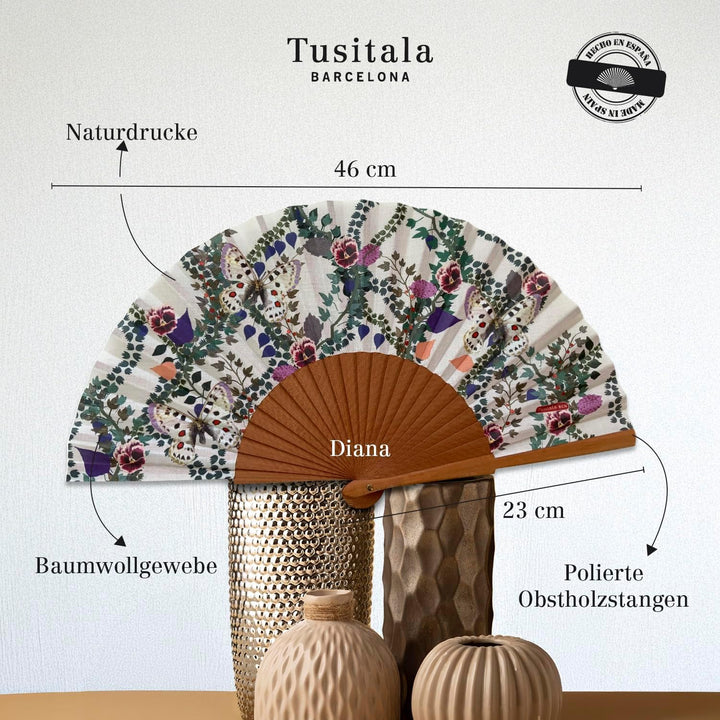 Spanischer Handfächer Diana – Holz und Baumwolle – 23 cm – Etui und Hülle aus Jute – Modeaccessoire