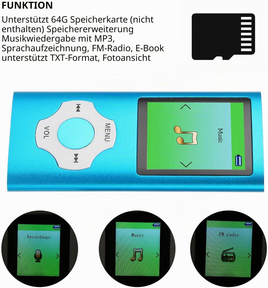 MP3-Player mit 1,8-Zoll-LCD-Bildschirm, Tragbarer Musik-MP3-Player, Unterstützt, UKW-Radio, E-Book,