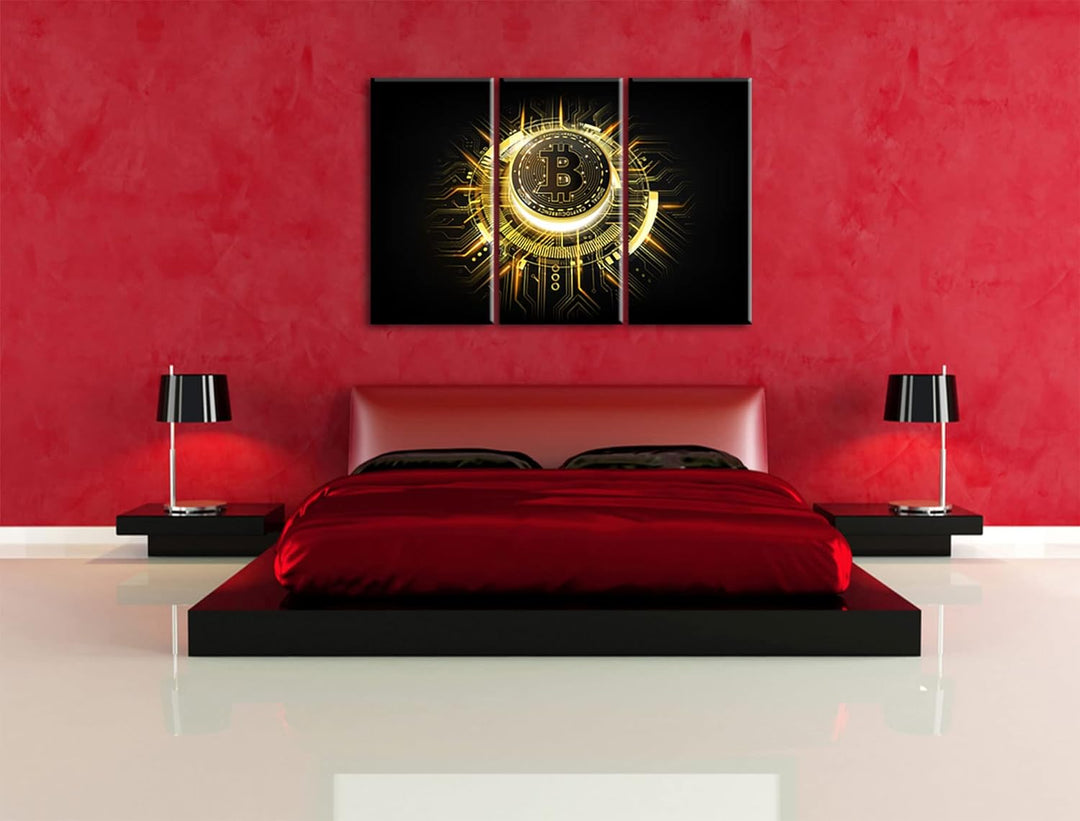 strahlender Bitcoin BTCals Leinwandbild 3 teilig | Grösse: 120x80 cm | Wandbild | Kunstdruck | ferti
