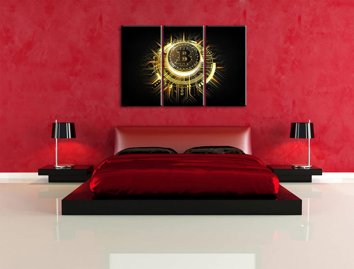 strahlender Bitcoin BTCals Leinwandbild 3 teilig | Grösse: 120x80 cm | Wandbild | Kunstdruck | ferti