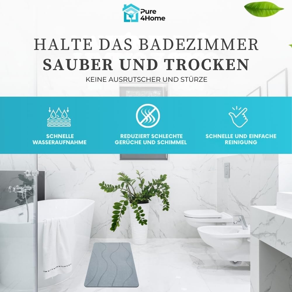 PURE 4HOME Badematte Kieselgur 60 x 40 cm – Saugstark & Schnelltrocknend, Rutschfest – Diatomit Stei
