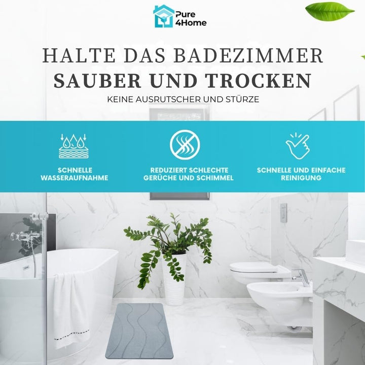 PURE 4HOME Badematte Kieselgur 60 x 40 cm – Saugstark & Schnelltrocknend, Rutschfest – Diatomit Stei