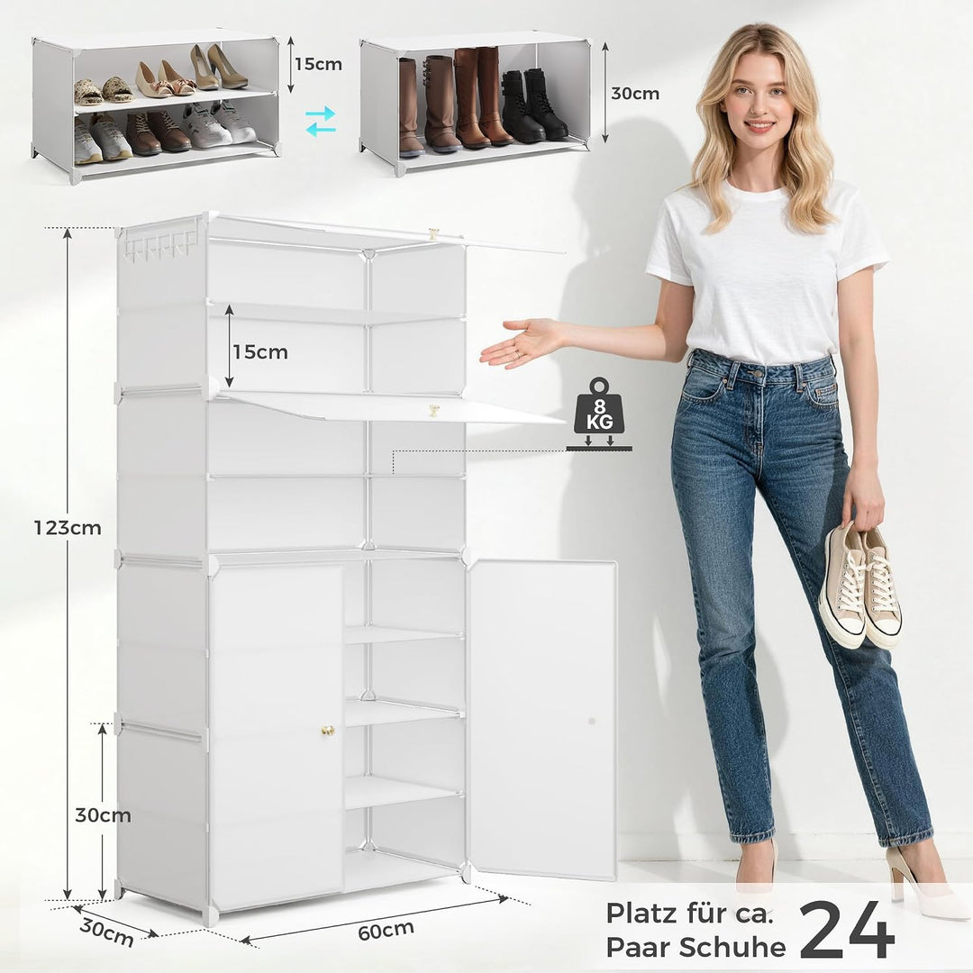 Mondeer Schuhregal, Schuhschrank 8 Ebenen mit Türen, Kunststoff Aufbewahrungsschrank mit Verstellbar