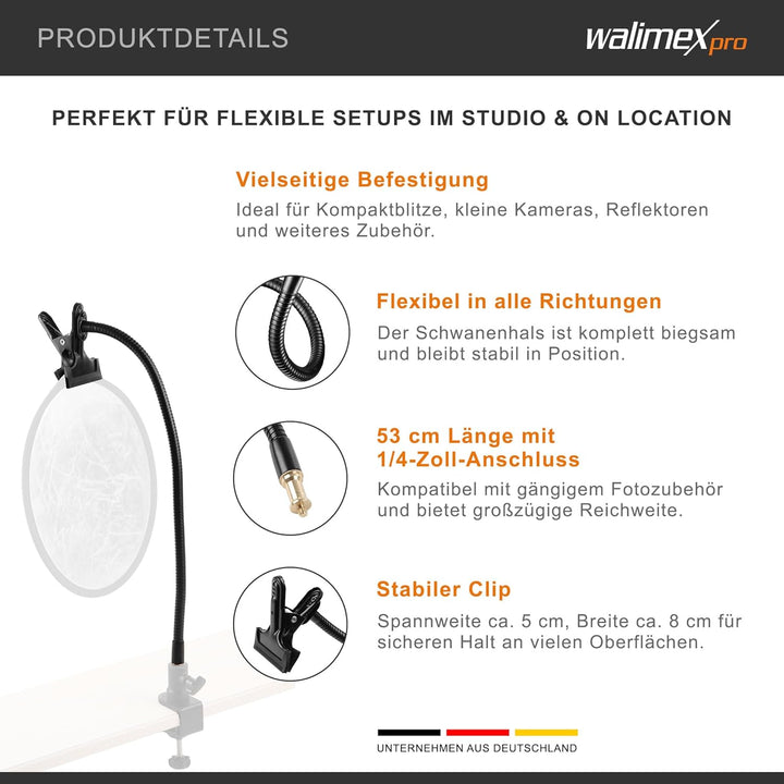 Walimex Schwanenhals mit Gewinde und Clip, Schwarz, mit Gewinde und Clip