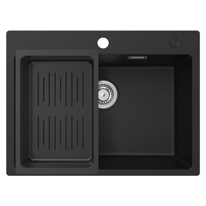 CECIPA Spülbecken Schwarz Granit 60 x 45 cm, Küchenspüle mit Siebkorb, Waschbecken Küche, Spüle Schw