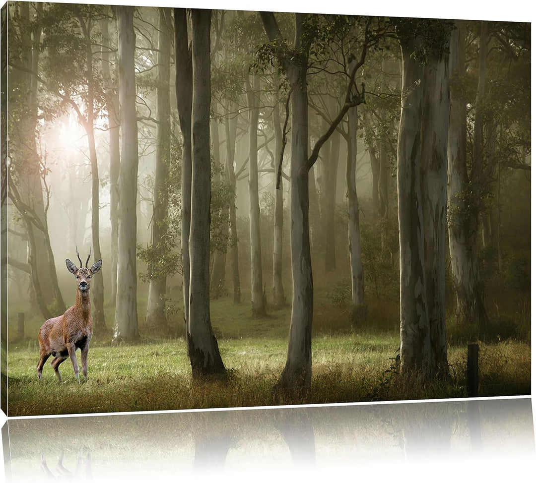 Pixxprint Hirsch im Wald als Leinwandbild/Grösse: 100x70 cm/Wandbild/Kunstdruck/fertig bespannt, 100