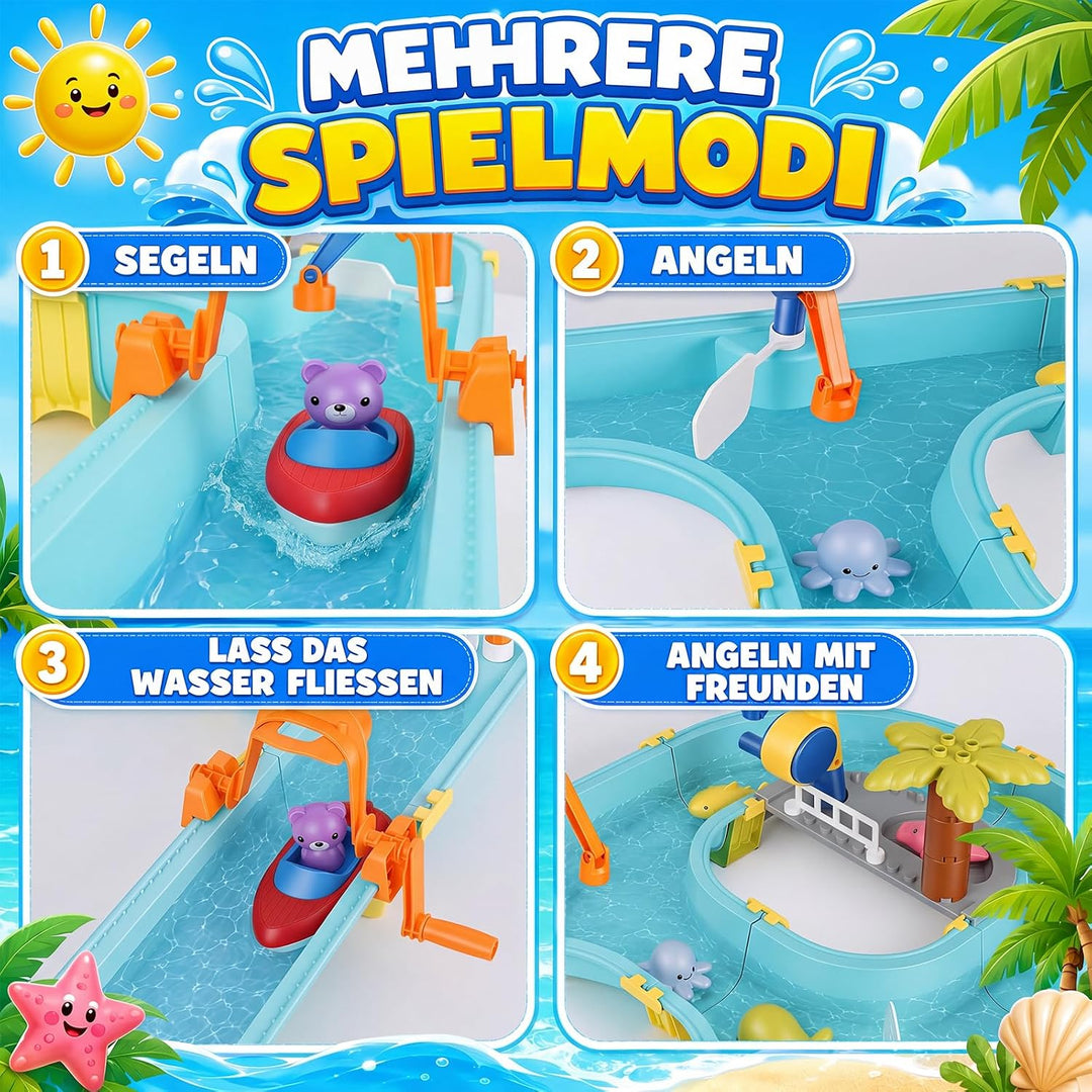 Wasserbahn Kinder Draussen 58-TLG. Wassertisch Spielzeug – Schleusen, Boote & Magnet-Angel inkl. 6 T
