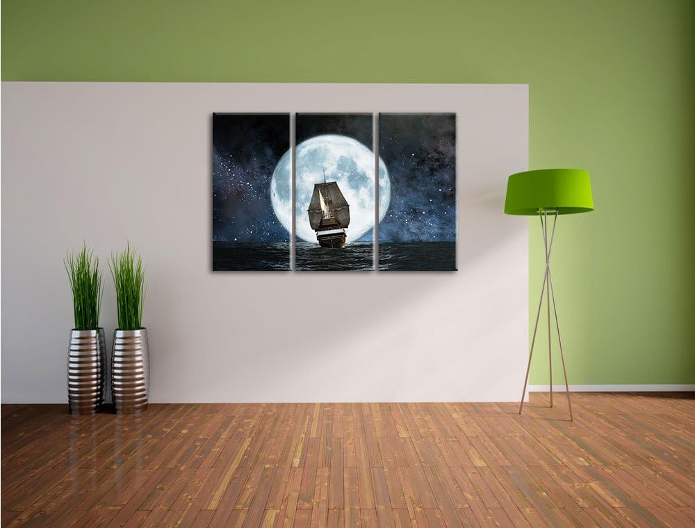 Pixxprint Segelschiff bei Vollmond als Leinwandbild | Grösse: 3 Teilig (120x80) | Wandbild| Kunstdru