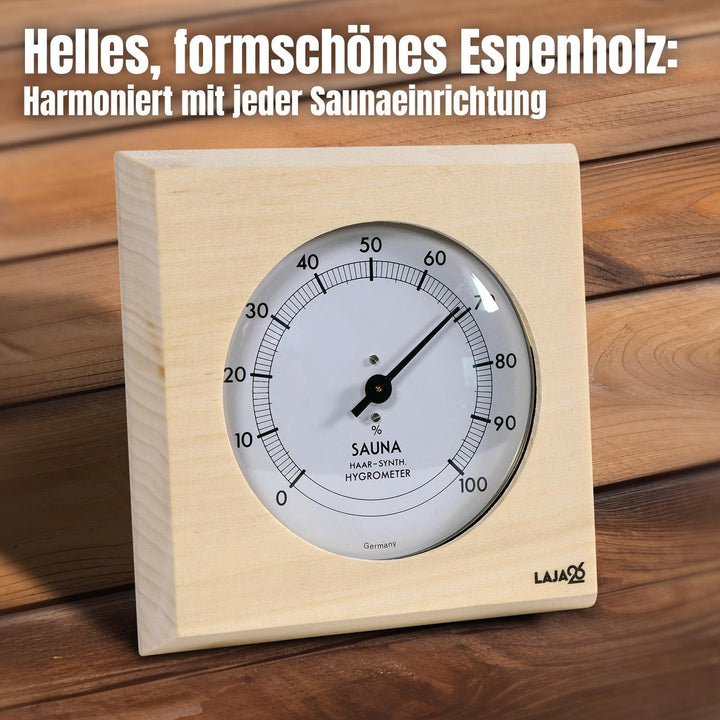 Sauna Hygrometer - FSC Espenholz - Misst Luftfeuchtigkeit - Bimetalltechnik - Synthetik-Haar - Analo