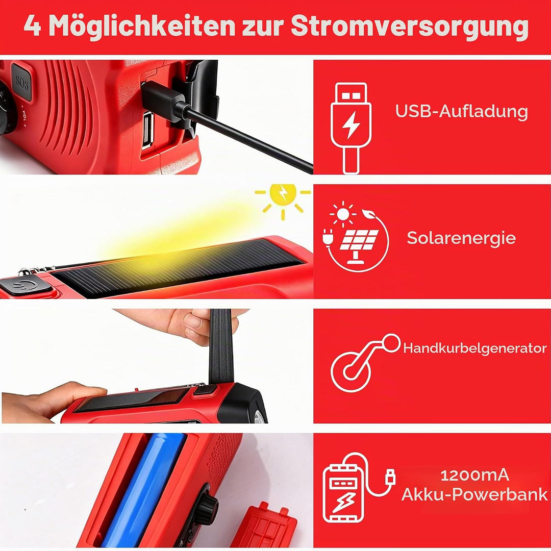 Notfall-Solarradio Solar Handkurbelradio AM/FM/NOAA Kurbelradio mit 1200mAh Akku Wiederaufladbare fü