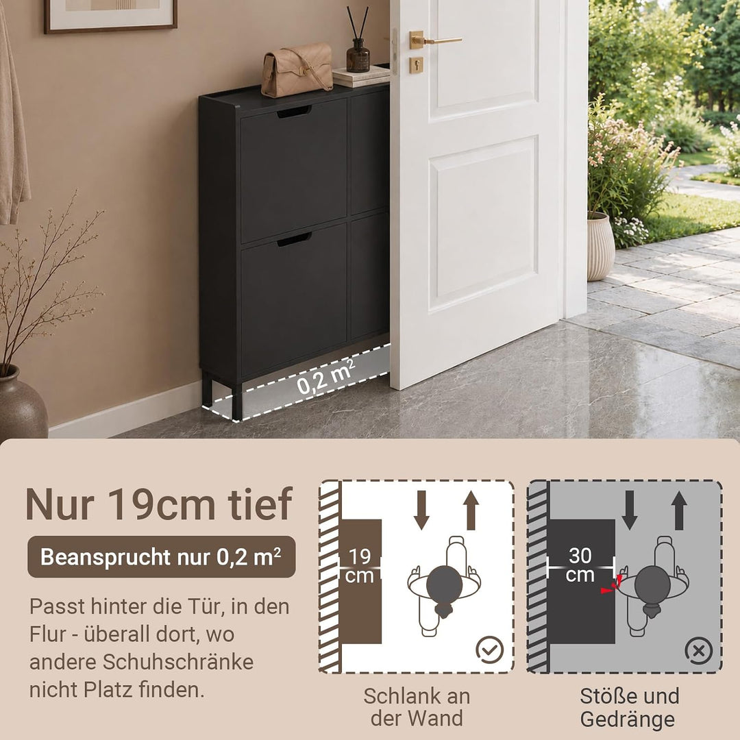 SoBuy Schuhschrank schmal mit 4 Klappen platzsparender Schuhkipper Hoch Kommode mit 4 Ablagen Schuhr