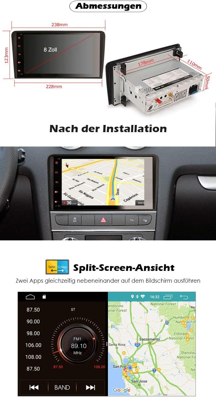 Erisin Android 10.0 Autoradio mit GPS Navi Für Audi A3 S3 RS3 RNSE-PU Bluetooth WiFi DAB+ OBD2 TPMS