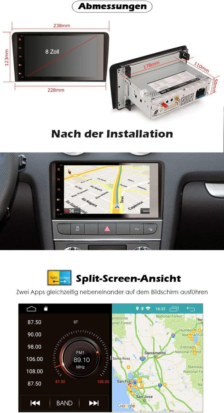 Erisin Android 10.0 Autoradio mit GPS Navi Für Audi A3 S3 RS3 RNSE-PU Bluetooth WiFi DAB+ OBD2 TPMS