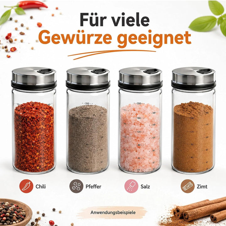 4 Stück 200ml Gewürzgläser mit Drehdeckel , Borosilikatglas Gewürzstreuer , 4-fach Verstellbare Stre