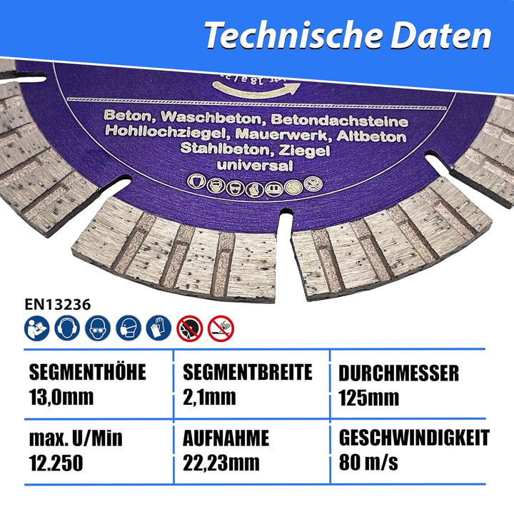 LXDIAMOND Diamant-Trennscheibe 125mm x 22,23mm - Segmente 13mm - passend für Beton Stahlbeton Waschb