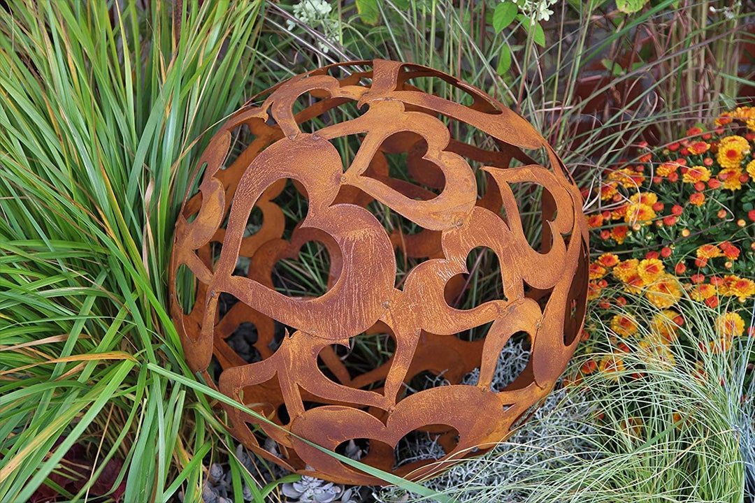 Kugel mit Herzen 40 cm Edelrost Gartendeko Wetterfest Rost Ball Herzkugel Gartenkugel Garten Dekorat